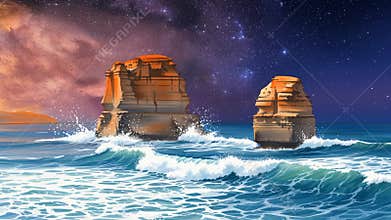 Timelapse of orange sunset sky changing to deep blue as stars appear over water at Apostles Night