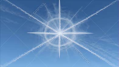 Bright starburst pattern of white contrails radiating from central point in blue sky after high altitude rocket launch or aerial