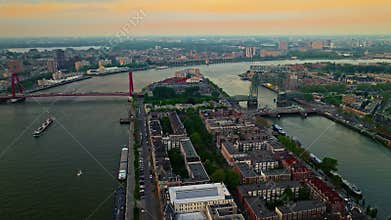 Aerial view of the city of Rotterdam, one of the largest ports in Europe. Panorama of the city with modern architecture