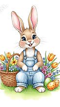 Cute cartoon rabbit wearing blue overalls smiles while holding a butterfly near a basket filled with colorful eggs and
