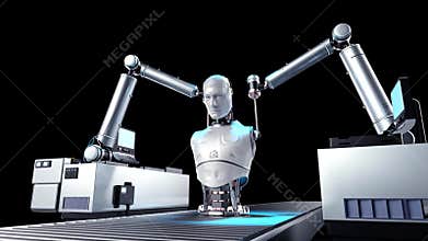 3d rendering robot assembly line producing cyborg in factory