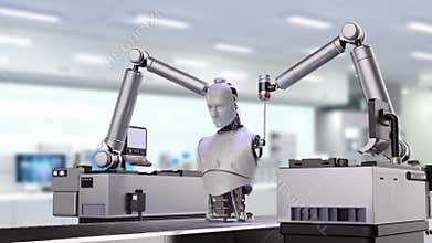 Robot assembly line producing cyborg in factory