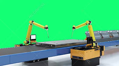 Robotic arms manufacture electric car battery isolated