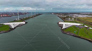 The Maeslantkering, or Maeslant barrier, is a storm barrier in the Rhine Delta in the Netherlands for flood protection