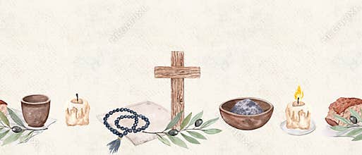 Wooden cross, rosary, bowl of ashes, candle, bread, olive branch seamless horizontal watercolor border on beige with