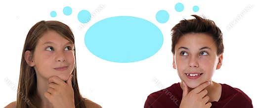 Young teenager or children thinking with think bubble and copyspace
