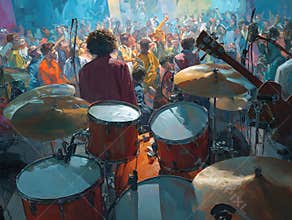 Behind band viewpoint with instruments crowded energetic concert scene capturing drums, guitar, musician and cheering audience