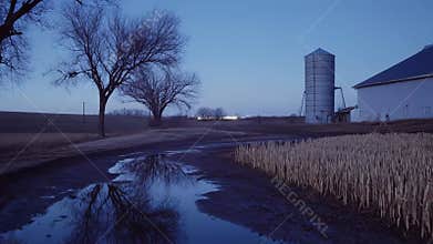 Rural farm silo reflecting in still pond water at dusk