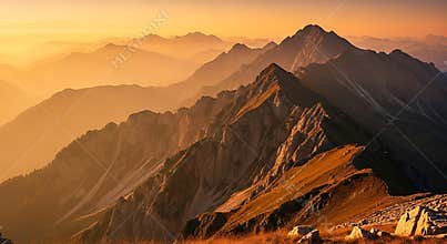 Golden mountain range at sunset with layered peaks and orange sky image