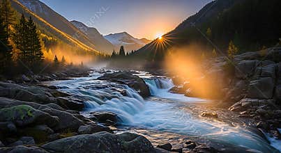 Mountain river waterfall at sunrise with golden light and mist image