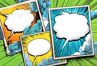 Comic-styled speech bubbles in bright frames with vibrant colors and patterns