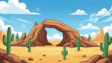 Animated Desert Landscape with Rock Arch, Cacti, and Bubbles in Cartoon Style