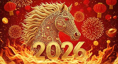 Majestic golden ornate Fire Horse 2026 for Chinese New Year, surrounded by vibrant flames, festive lanterns, bright