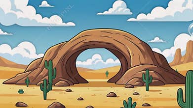 Animated Desert Landscape: Arches, Cacti, and Sunny Day Cartoon