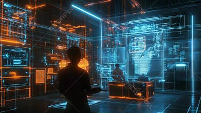 Programmers working in futuristic office with holographic displays