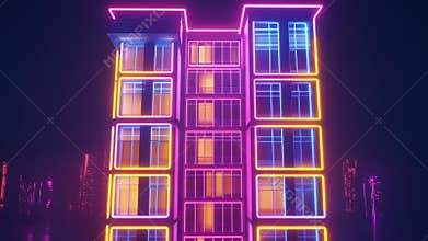 Neon lit modern apartment building at night
