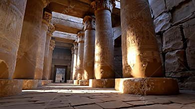 A row of pillars in an ancient building with carvings on them