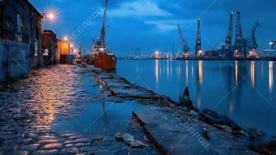 Industrial Docklands at Night with Cranes and Reflections in Calm Water