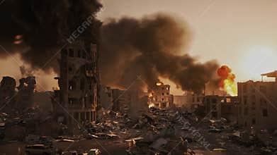 Aerial view of urban area during intense war destruction. Buildings are engulfed in fire while massive, thick smoke dominate sky