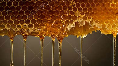 Golden Honeycomb Drips: A Close-Up View of Viscous Honey Flowing from a Natural Honeycomb