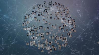 Opening cluster forming globe, tracing continents outline portraits shifting showing tech network