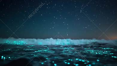Surreal Night Footage of Bioluminescent Ocean Waves Under Starry Sky.