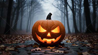 Halloween Pumpkin Glowing on a Foggy Path in the Dark Woods