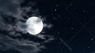 Full Moon Shines Brightly in Night Sky With Clouds and Stars