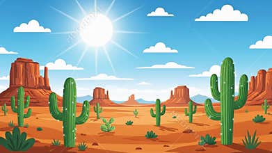 Animated Desert Landscape: Cacti, Sun, and Monument Valley Scene