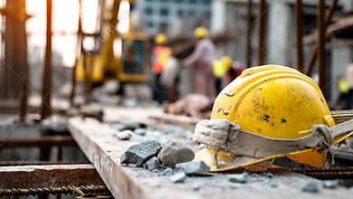 a yellow hard hat on a construction site with workers in the background