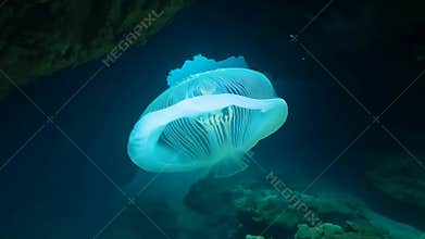 Floating Jellyfish Swims in Deep Blue Ocean Near Rocky Reef