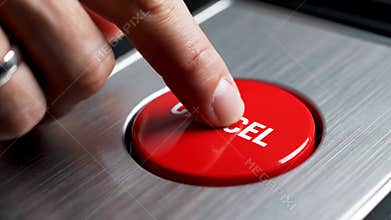 Finger Pressing Large Red Cancel Button on Metal Panel, Close up View