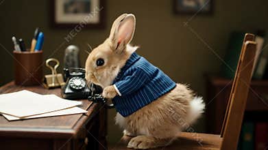 Peter Rabbit Talks on Phone at Desk in Office During Daytime