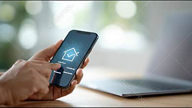 Fingers swiping smartphone screen, managing home finance app, tracking mortgage details and property related digital