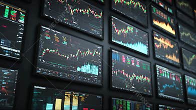 Dynamic stock market statistics displayed on multiple TV screens