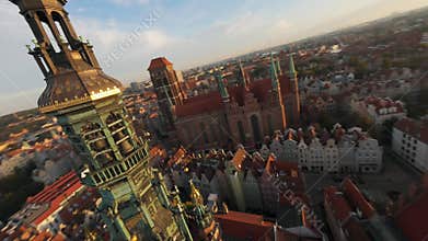 Unusual FPV aerial shot of Gdansk Long Market with Main Town Hall. Poland
