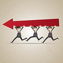 Cartoon businessmen carry red arrow