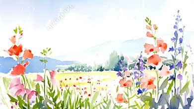 Vibrant watercolor meadow scene, blooming wildflowers in red, pink, and purple hues, soft blue distant hills, airy landscape,