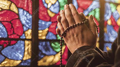 Person Praying With Rosary Beads at Colorful Stained Glass Window