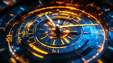 Futuristic clock showing time passing in digital world