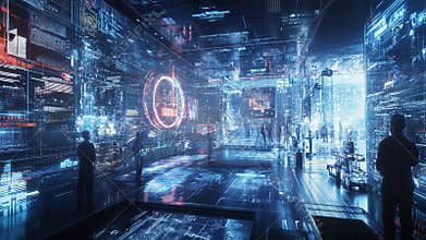 Programmers working in futuristic cyberspace monitoring servers and data flow