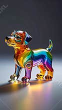 A beautiful and colorful puppy figurine made of rainbow-colored glass or crystal. The transparent dog statue creates