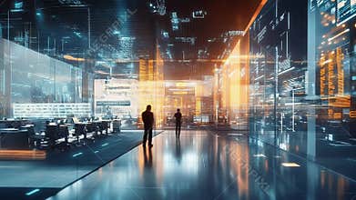 Programmers walking in futuristic office analyzing data flowing on transparent screens