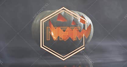 Glowing lines igniting hexagon outline over lit pumpkin, forming NFT text, pulsing and showing art