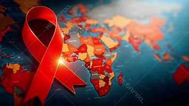Awareness ribbon on top of a world map, symbolizing World AIDS Day. 4K.