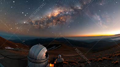 Majestic cosmic display illuminates an astronomical facility on rugged mountains, a sole individual observing the boundless
