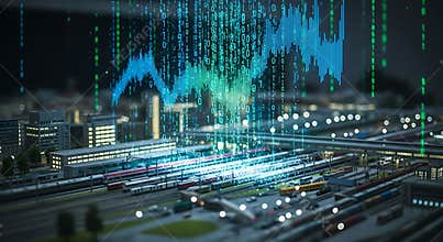 Futuristic city skyline illuminated by glowing digital data streams and abstract financial market charts