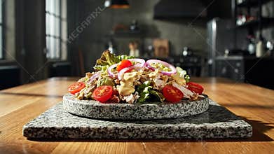 A Freshly Prepared Chicken Salad With Cherry Tomatoes And Red Onions Served On A Granite Plate In A Rustic Kitchen Environment
