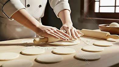 Baker In Chef Uniform Rolling Dough Into Flat Circles With Rolling Pin On Wooden Table In Warm Kitchen Light