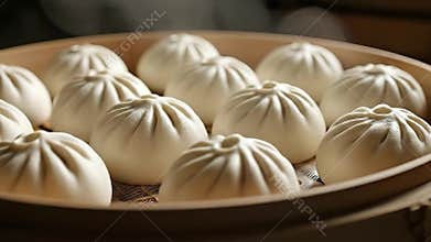 Steaming Hot Soup Dumplings in Bamboo Steamer with Soft Lighting on Dark Brown Background Chinese Baozi Dim Sum Cuisine in a